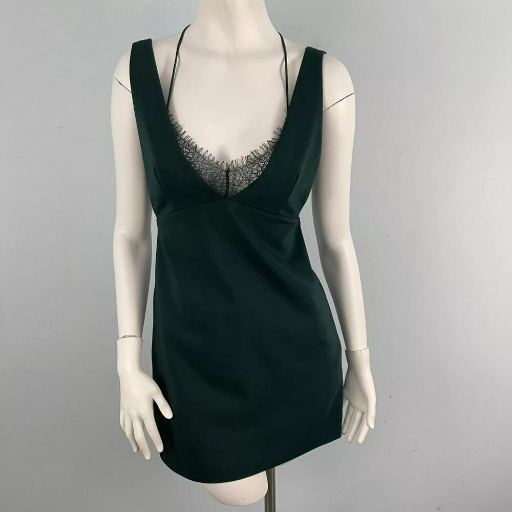 Zara Green Sleeveless Deep V-Neck Mini Dress Lace Trim Strappy Back Design Small - Picture 3 of 15